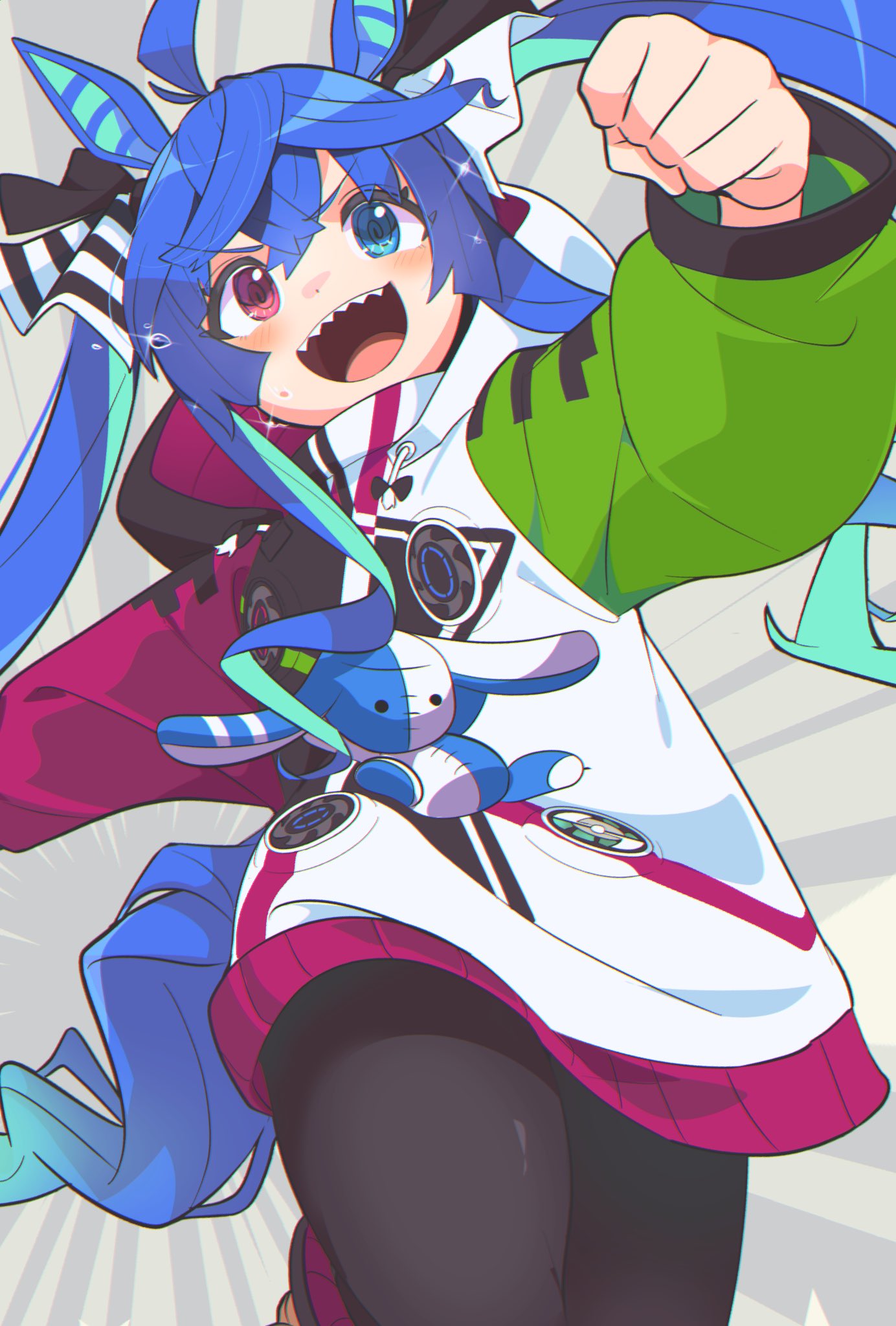 1girl, :d, ahoge, animal_ears, aqua_hair, black_bodysuit, black_ribbon, blue_eyes