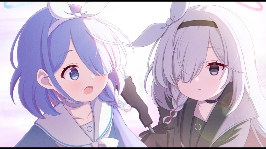 2girls, arona_(blue_archive), black_eyes, black_hairband, black_serafuku, blue_archive, blue_halo, blue_serafuku