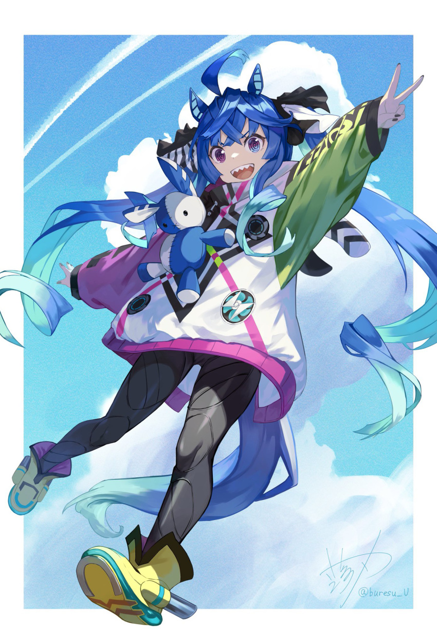 1girl, ahoge, animal_ears, ankle_boots, aqua_hair, artist_name, black_bodysuit, black_nails