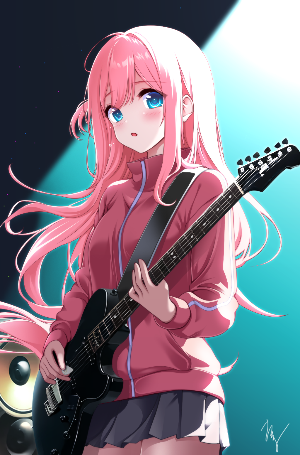 1girl, ai-assisted, blue_eyes, bocchi_the_rock!, electric_guitar, gibson_les_paul, gotou_hitori, grey_skirt