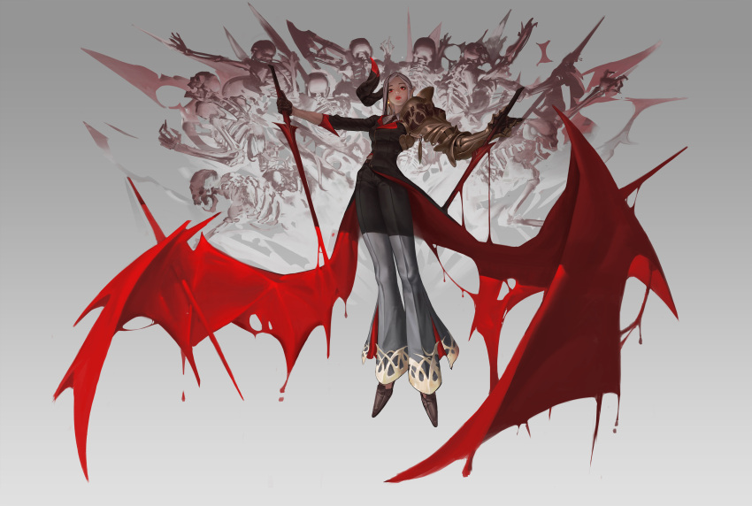 1girl, absurdres, armor, asymmetrical_armor, blood_wings, collared_shirt, earrings, english_commentary