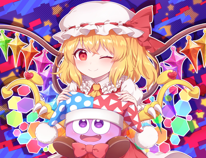 1girl, ascot, blonde_hair, blush, closed_mouth, collared_shirt, crossover, crystal