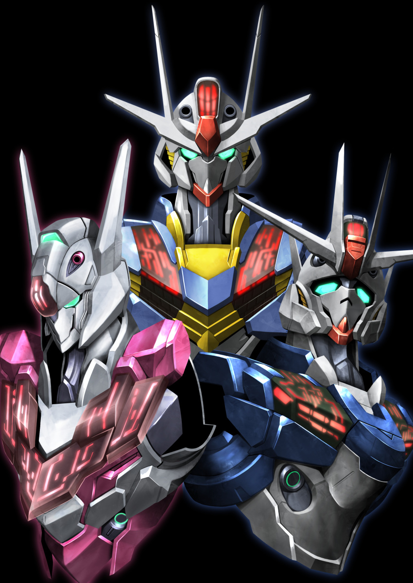 absurdres, black_background, commentary_request, cropped_torso, english_commentary, green_eyes, gundam, gundam_aerial, gundam_aerial_rebuild, gundam_lfrith, gundam_suisei_no_majo, hayatefseiei, highres, looking_at_viewer, mecha, mixed-language_commentary, mobile_suit, no_humans, robot, science_fiction, simple_background, upper_body, v-fin
