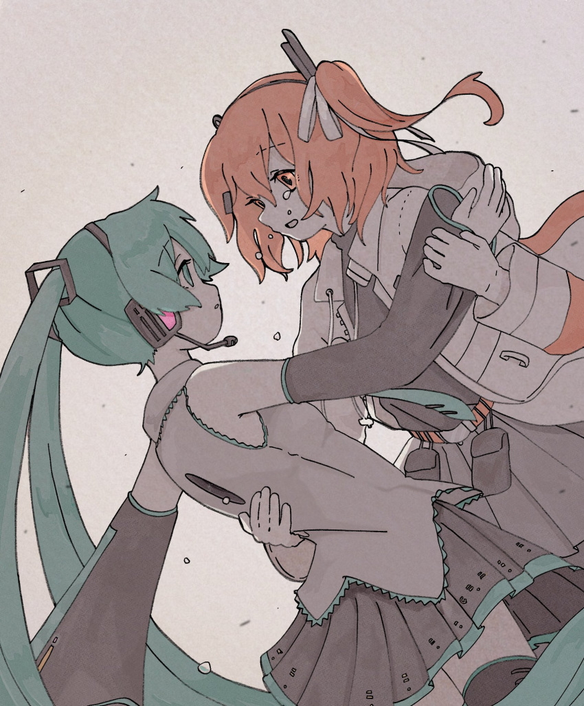 2girls, a.i._voice, adachi_rei, aqua_eyes, aqua_hair, aqua_necktie, belt, belt_pouch