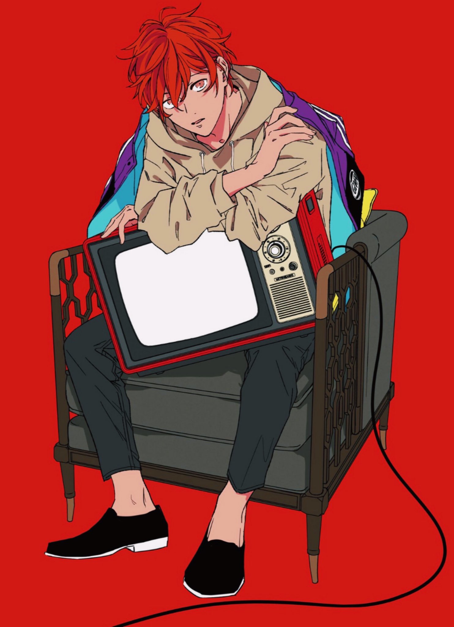 1boy, black_footwear, black_pants, cable, couch, given, highres, hood