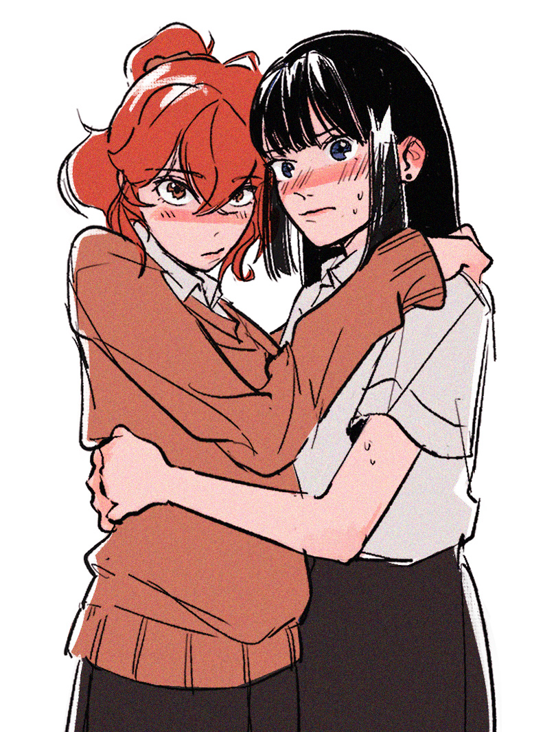 2girls, black_hair, black_skirt, blush, cardigan, closed_mouth, collared_shirt, genderswap