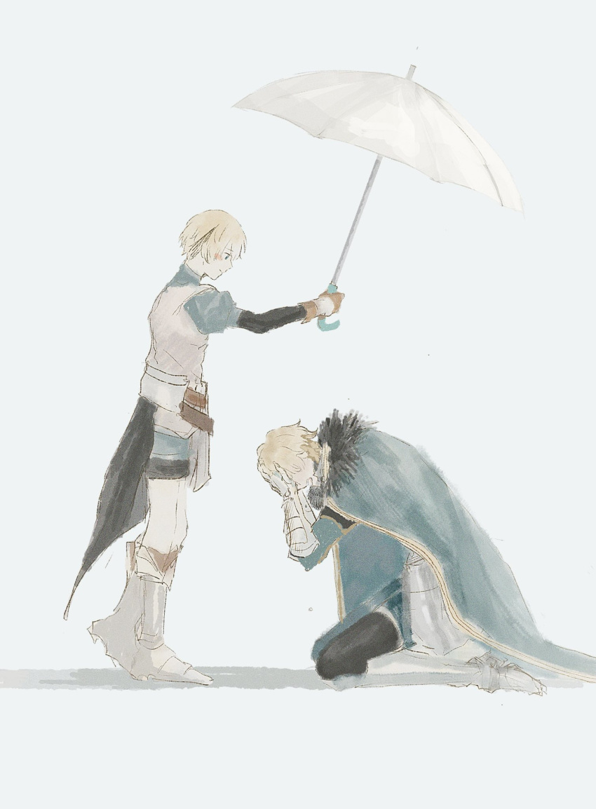 1boy, 1girl, 31tamagokake580, aqua_cape, armor, armored_boots, black_pants, blonde_hair