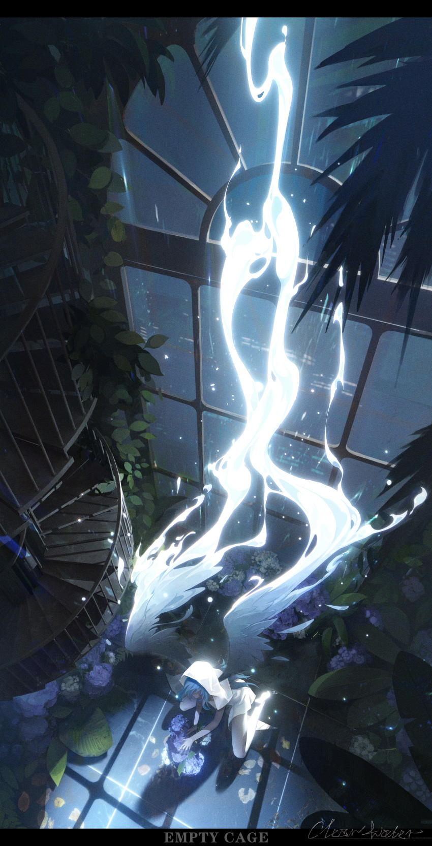 1girl, absurdres, bare_legs, barefoot, black_border, blue_flower, blue_hair, border, clear_water, feathered_wings, floating_hair, flower, from_above, highres, hood, hood_up, letterboxed, long_hair, multicolored_wings, rimuru_tempest, signature, sitting, solo, tensei_shitara_slime_datta_ken, title, wings