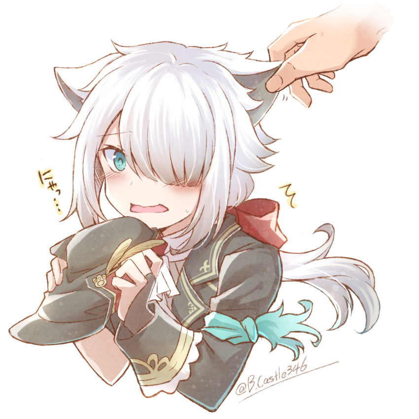 1girl, absurdres, animal_ears, asymmetrical_sleeves, black_jacket, blush, bow, cat_ears