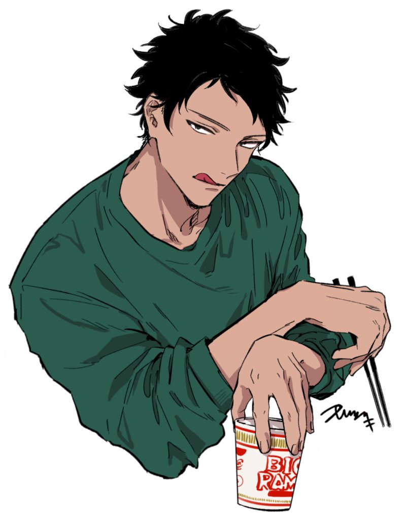 1boy, black_hair, chopsticks, given, green_shirt, holding, holding_chopsticks, kizu_natsuki