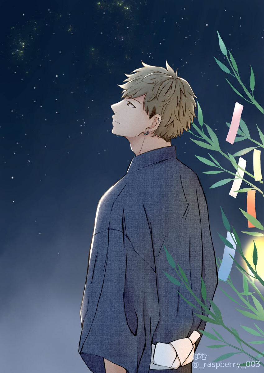 1boy, ear_piercing, given, highres, japanese_clothes, leaf, light_green_hair, looking_up, male_focus, night, night_sky, piercing, raspberry_003, sky, solo, star_(sky), starry_sky, yuki_yoshida