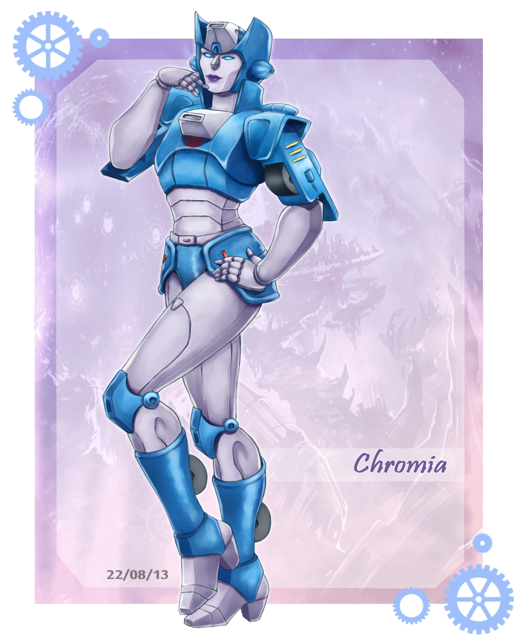 1girl, autobot, blue_eyes, blue_panties, chromia, colored_skin, hand_on_own_hip, helmet, high_heels, highres, humanoid_robot, kuriko-san, panties, purple_lips, robot, solo, thighs, transformers, underwear, white_skin
