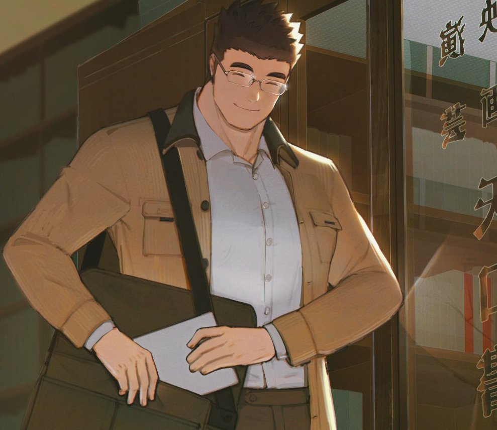 1boy, bag, chinese_commentary, closed_eyes, collared_shirt, commentary_request, glasses, holding
