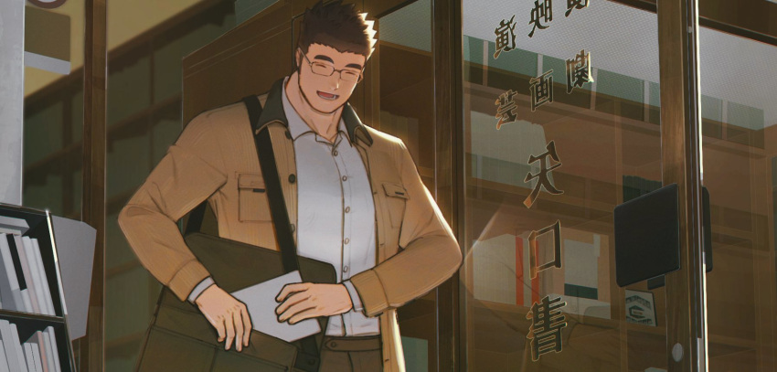 1boy, bag, bookstore, brown_hair, closed_eyes, collared_shirt, commentary_request, cropped