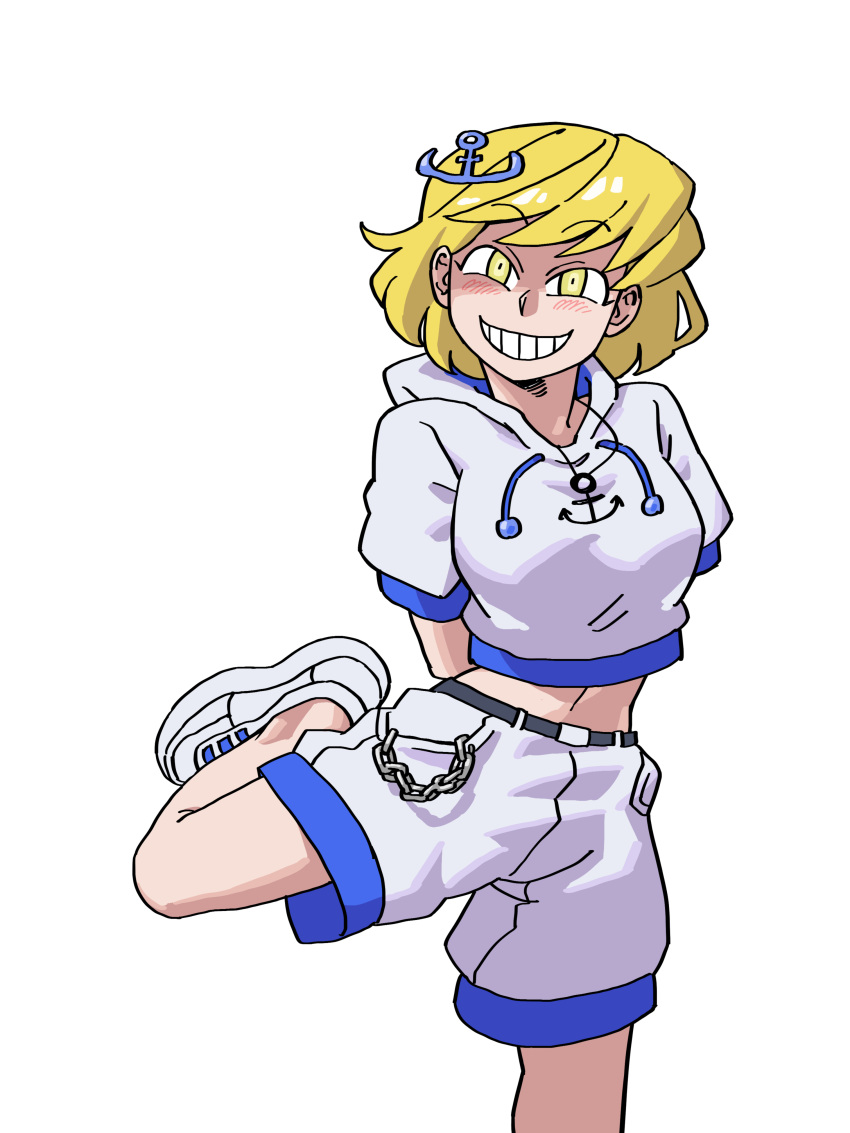 1girl, absurdres, anchor_hair_ornament, anchor_symbol, blonde_hair, commentary, eddybird55555, english_commentary, hair_ornament, highres, hood, hoodie, kitashirakawa_chiyuri, looking_at_viewer, navel, short_hair, shorts, simple_background, smile, solo, standing, standing_on_one_leg, touhou, touhou_(pc-98), white_background, white_footwear, white_hoodie, white_shorts, yellow_eyes