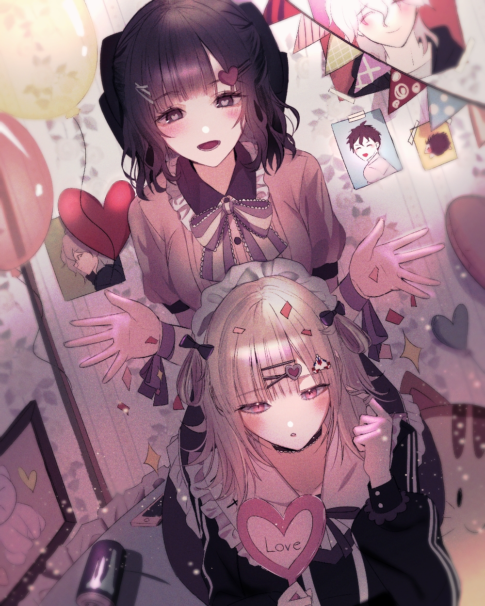2girls, alternate_costume, alternate_hair_ornament, alternate_hairstyle, black_bow, black_hair, black_jacket, blush