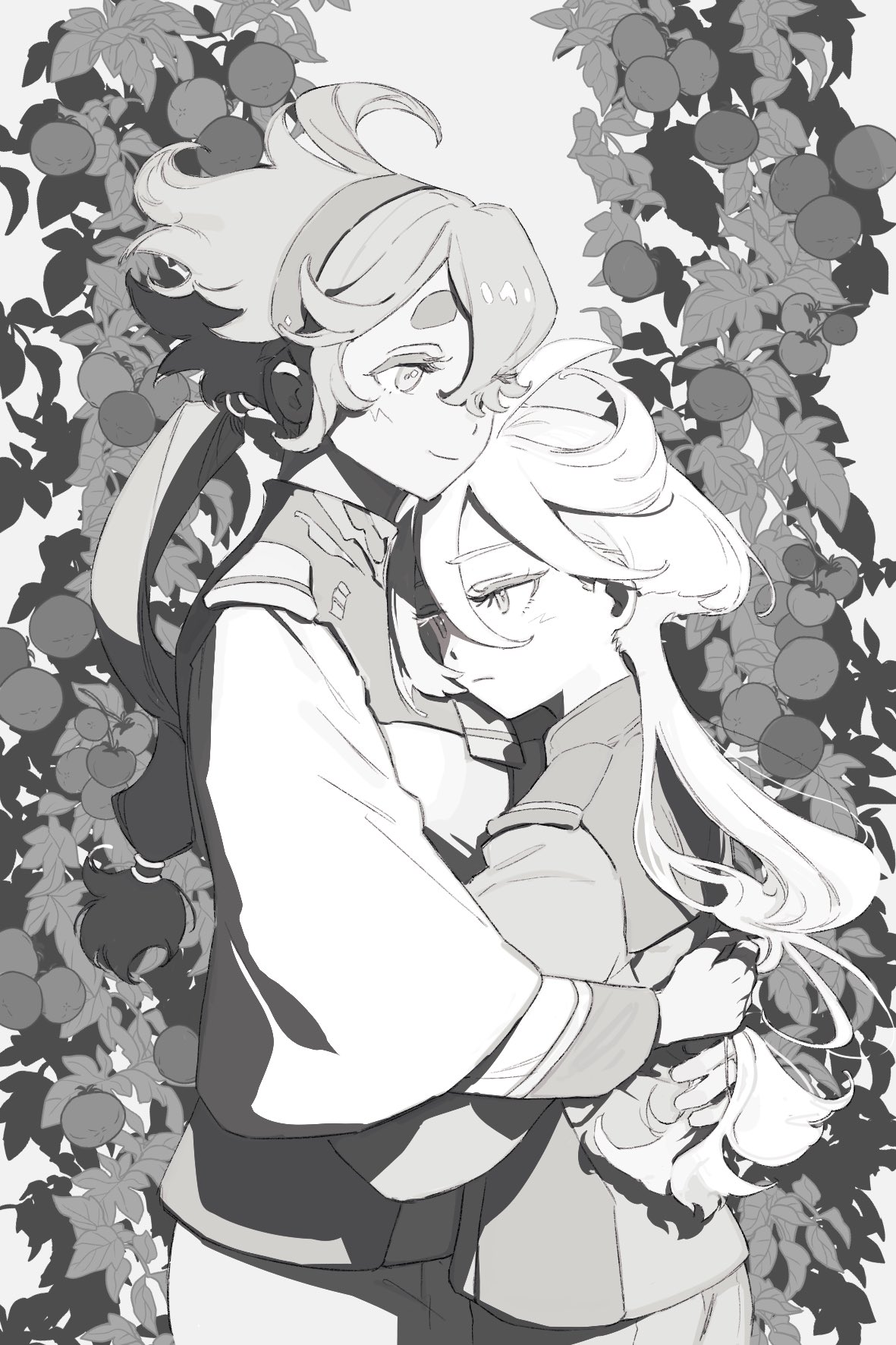 2girls, ahoge, asticassia_school_uniform, gloomymato, greyscale, gundam, gundam_suisei_no_majo, hair_between_eyes