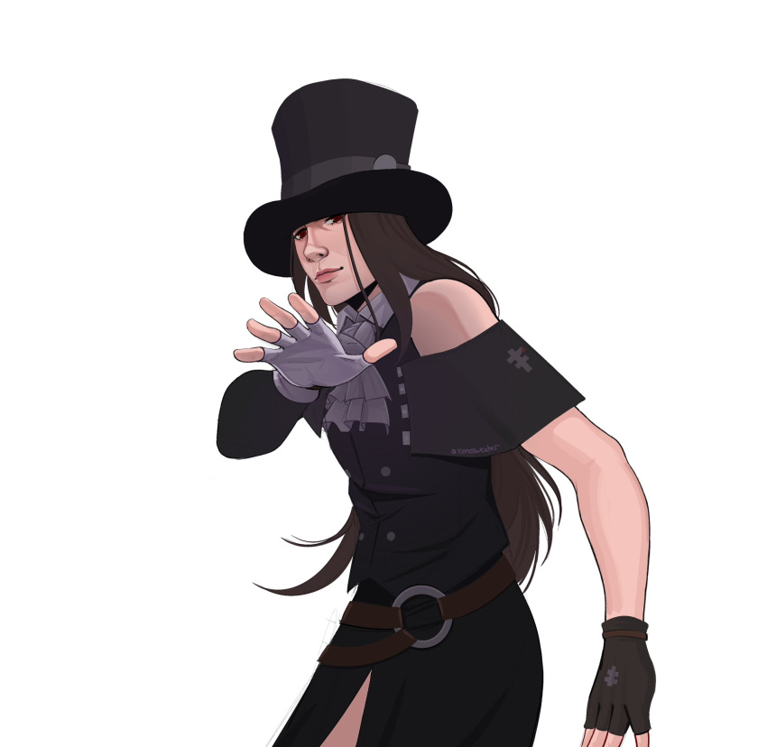 1other, androgynous, ascot, asymmetrical_gloves, asymmetrical_sleeves, bare_shoulders, black_gloves, black_headwear