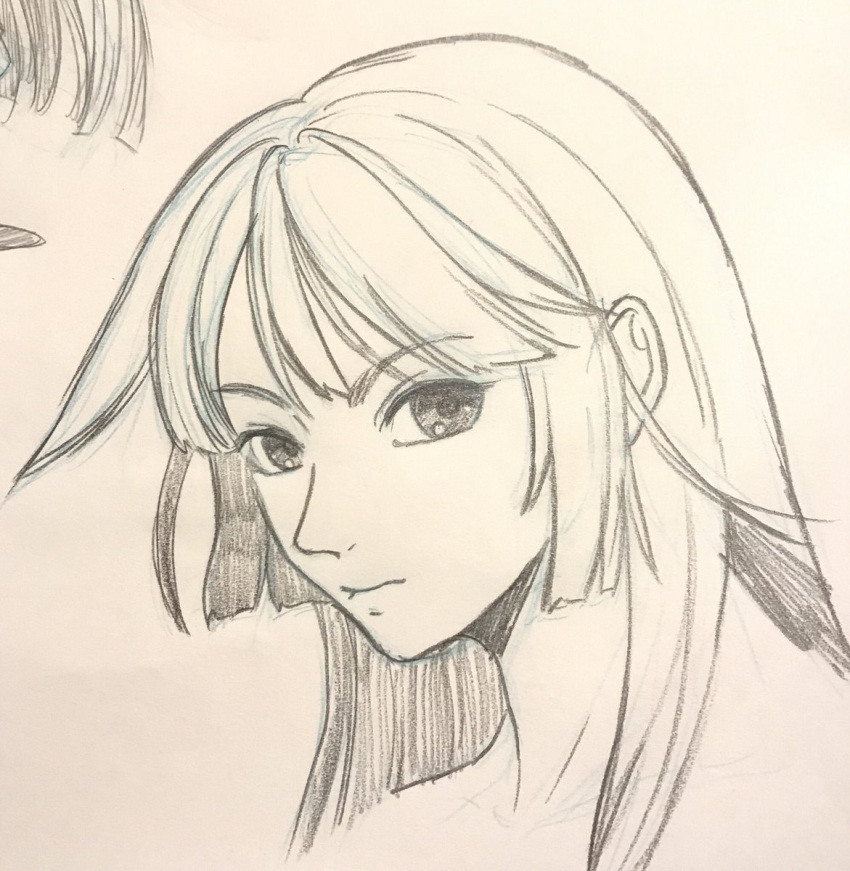 1girl, blunt_bangs, closed_mouth, graphite_(medium), greyscale, hatching_(texture), highres, long_hair