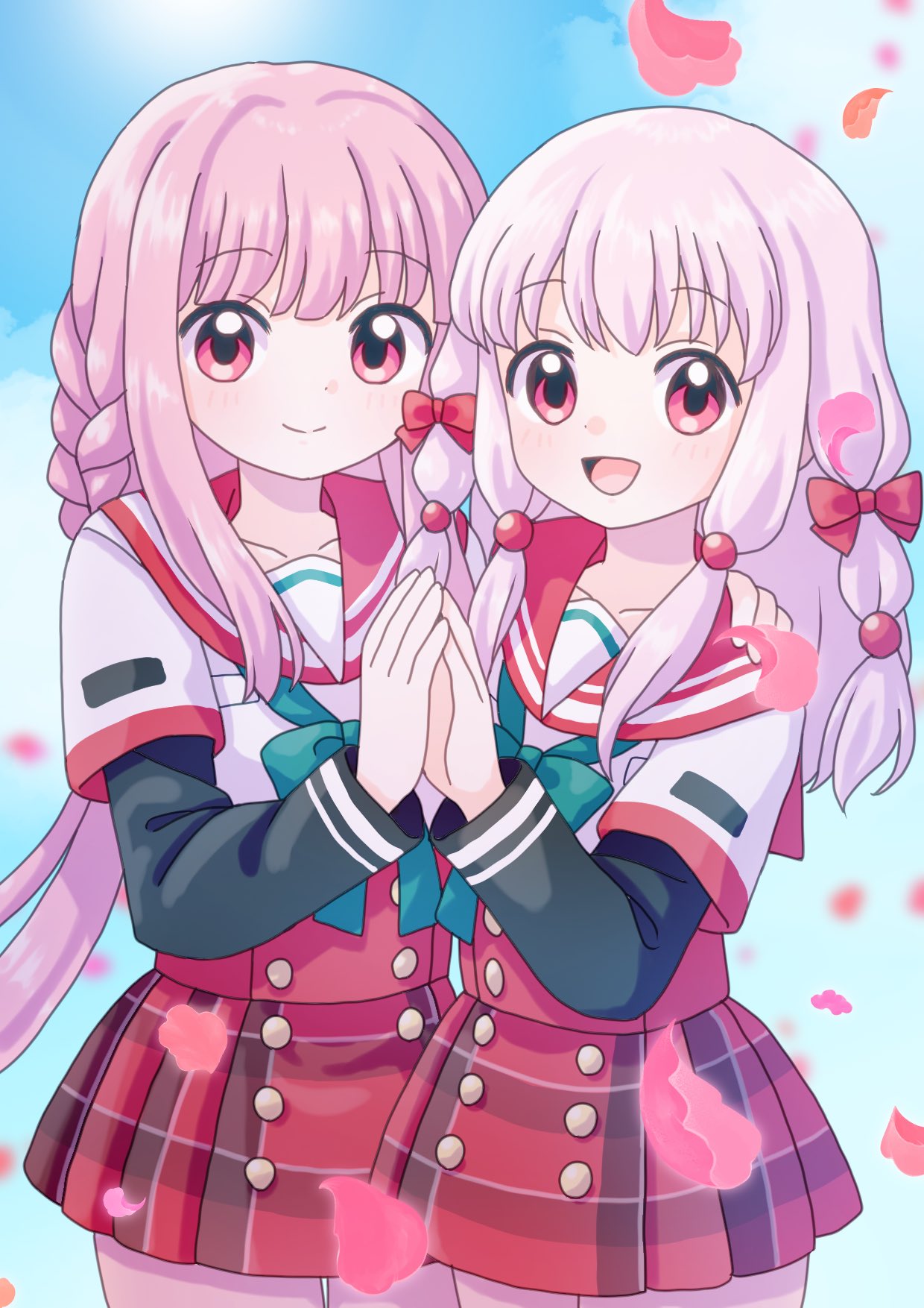 2girls, :d, aqua_ribbon, black_sleeves, blue_background, bow, braid, breast_pocket