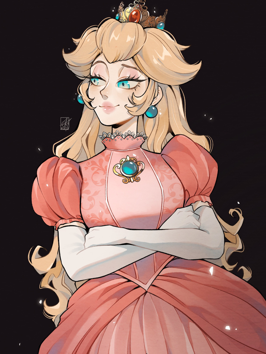 1girl, absurdres, batsy_(batsyart), black_background, blonde_hair, breasts, closed_mouth, cowboy_shot, crossed_arms, crown, dress, elbow_gloves, gem, gloves, highres, large_breasts, long_hair, looking_to_the_side, pink_dress, princess_peach, puffy_short_sleeves, puffy_sleeves, short_sleeves, signature, simple_background, smile, solo, super_mario_bros., the_super_mario_bros._movie, white_gloves