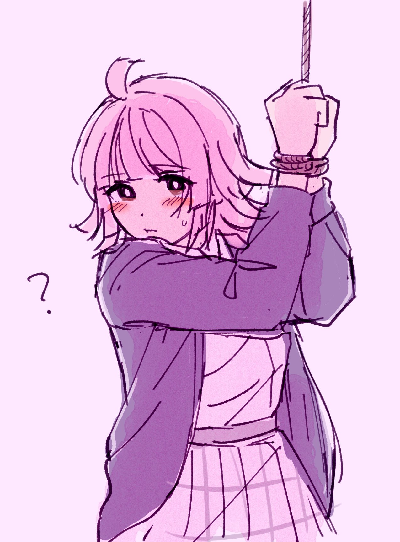 1girl, ?, ahoge, arms_up, blue_hoodie, blunt_bangs, blunt_ends, blush