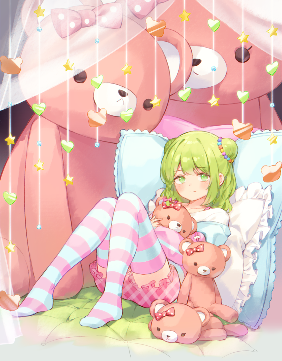 1girl, bed, bow, braid, closed_mouth, curtains, double_bun, frills