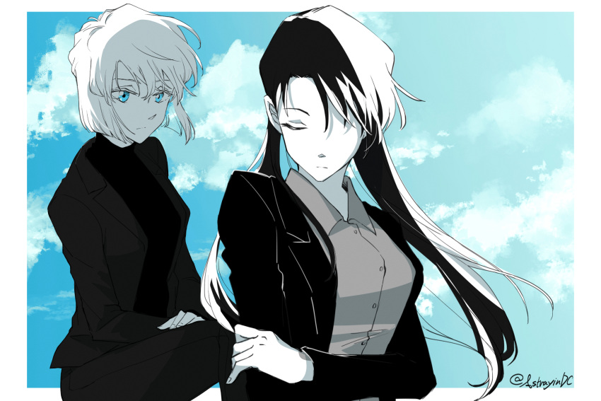 2girls, artist_name, astrayin, black_jacket, black_pants, black_sweater, closed_eyes, closed_mouth