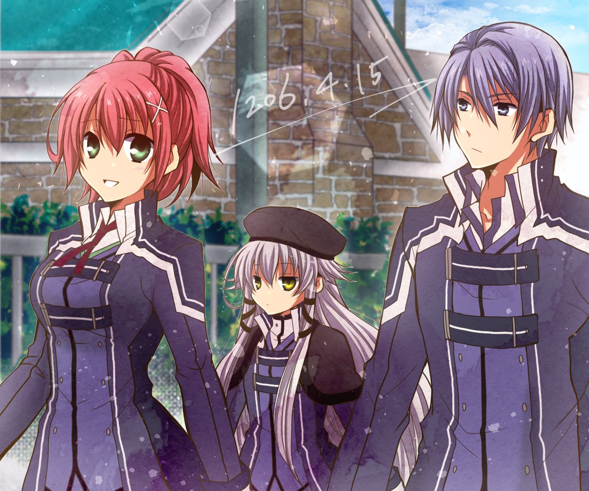 1boy, 2girls, altina_orion, dated, eiyuu_densetsu, green_eyes, grey_eyes, hat, juna_crawford, kurt_vander, long_hair, multiple_girls, open_mouth, outdoors, pink_hair, ponytail, satsuki_(chaosmode), sen_no_kiseki, sen_no_kiseki_iii, short_hair, sidelocks, smile, thors_military_academy_branch_campus_uniform, uniform, yellow_eyes