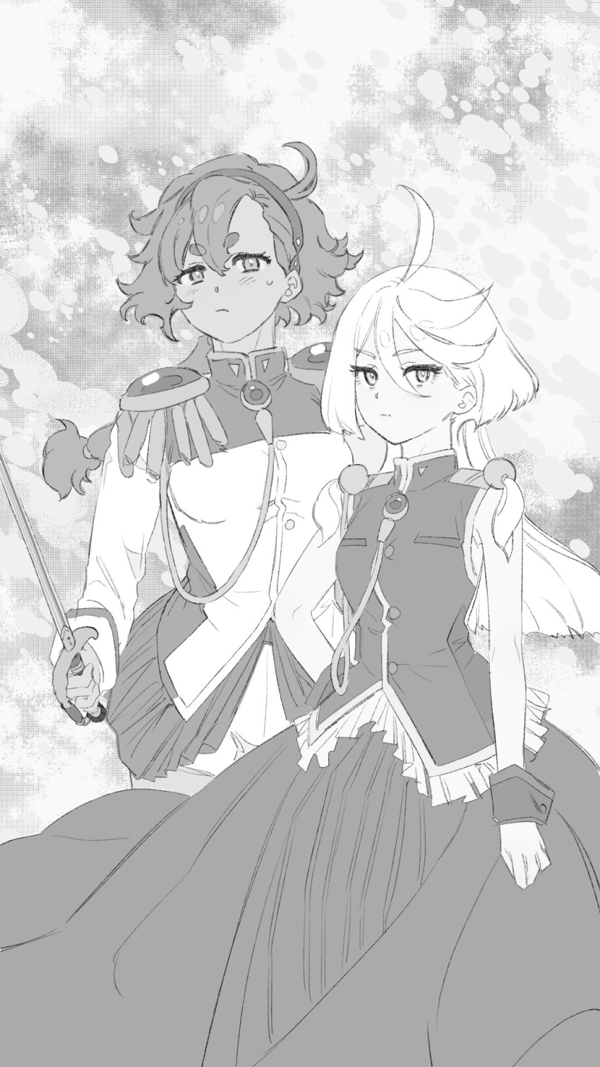 2girls, ahoge, aiguillette, closed_mouth, cosplay, dress, epaulettes, gloomymato, greyscale, gundam, gundam_suisei_no_majo, hair_between_eyes, hairband, highres, himemiya_anthy, himemiya_anthy_(cosplay), holding, holding_sword, holding_weapon, jacket, long_hair, long_sleeves, looking_at_viewer, miorine_rembran, monochrome, multiple_girls, rapier, shorts, shoujo_kakumei_utena, suletta_mercury, sweatdrop, sword, sword_of_dios, tenjou_utena, tenjou_utena_(cosplay), thick_eyebrows, weapon, wrist_cuffs