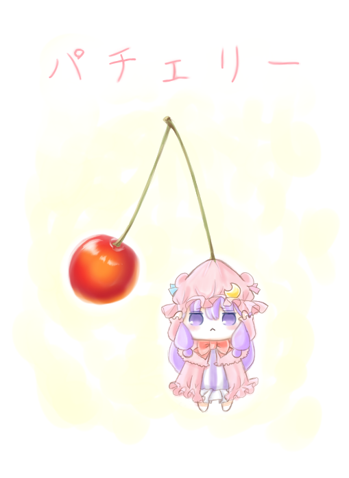 1girl, :<, ajitsuki, cherry, chibi, commentary_request, crescent, crescent_hair_ornament
