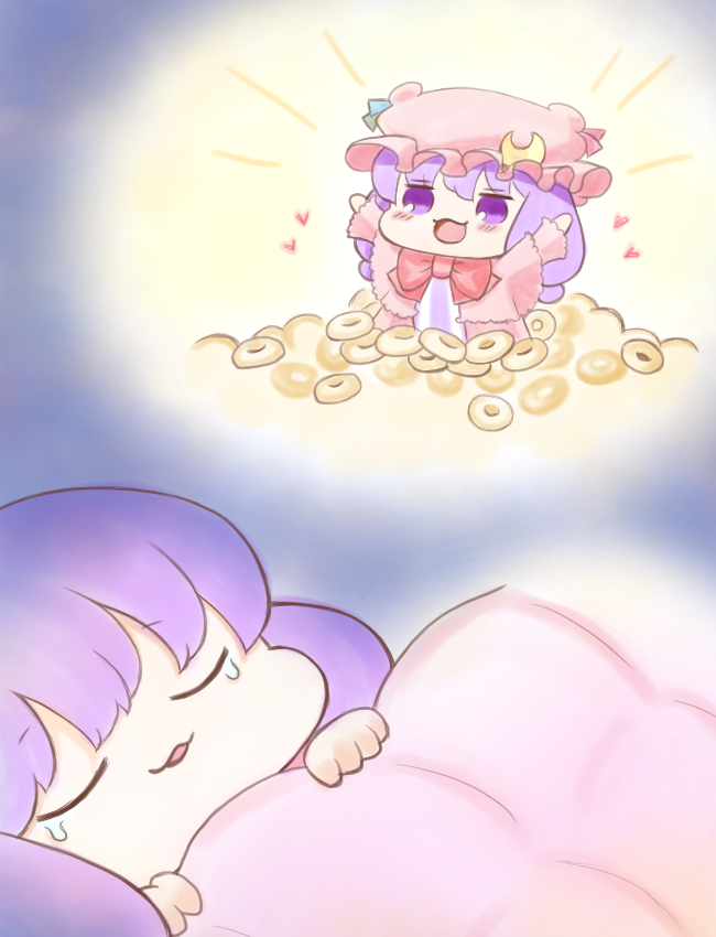 1girl, ajitsuki, blanket, chibi, commentary_request, doughnut, dreaming, food