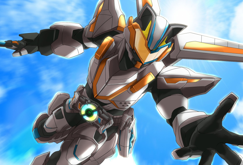 1boy, animal_ears, antennae, black_bodysuit, blue_sky, bodysuit, clenched_hands, command_buckle