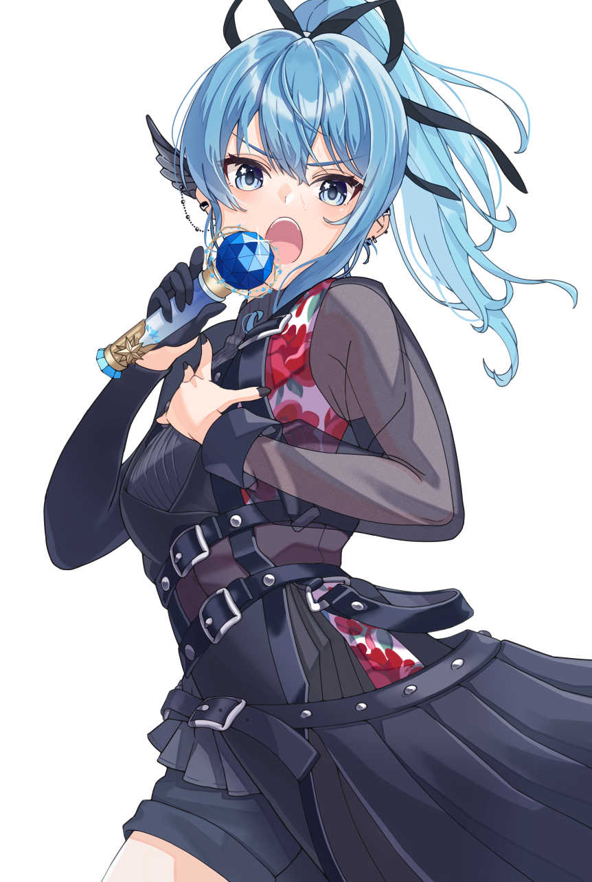 1girl, asymmetrical_clothes, belt, black_belt, black_nails, blue_eyes, blue_hair, breasts, floating_hair, floral_print, gloves, hair_ribbon, high_ponytail, highres, hololive, hoshimachi_suisei, long_hair, microphone, music, official_alternate_costume, open_mouth, print_shirt, ribbon, rose_print, see-through, see-through_sleeves, shirt, simple_background, singing, single_glove, small_breasts, solo, star_(symbol), star_in_eye, symbol_in_eye, ta_shiuji30, v-shaped_eyebrows, virtual_youtuber, white_background, wing_hair_ornament