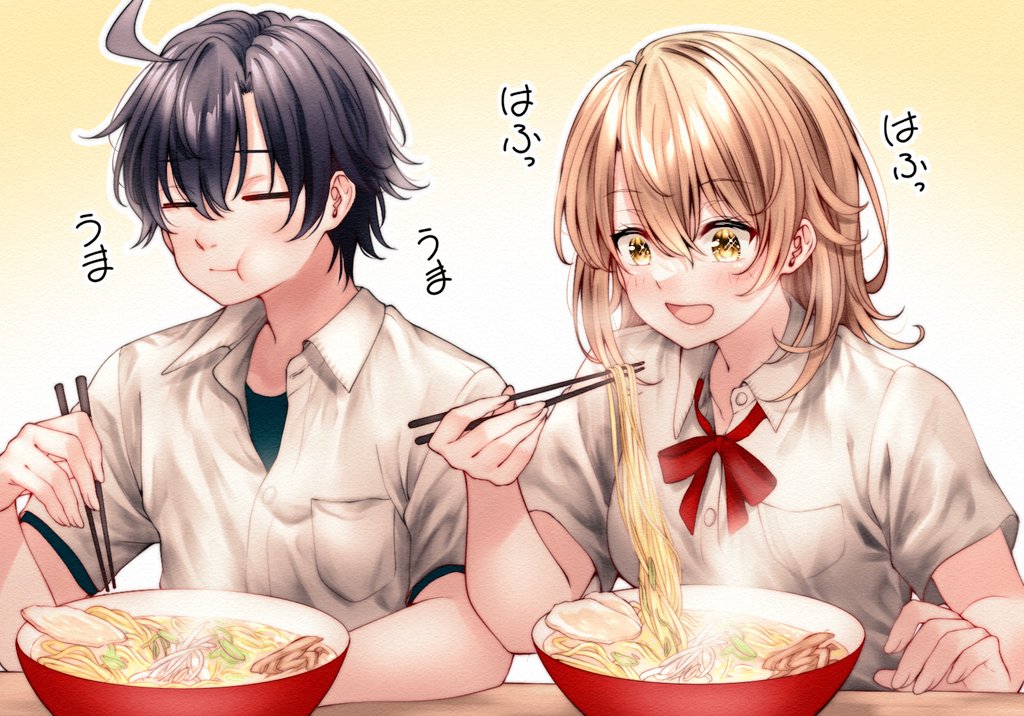 1boy, 1girl, :d, ahoge, black_hair, black_shirt, blush, bow