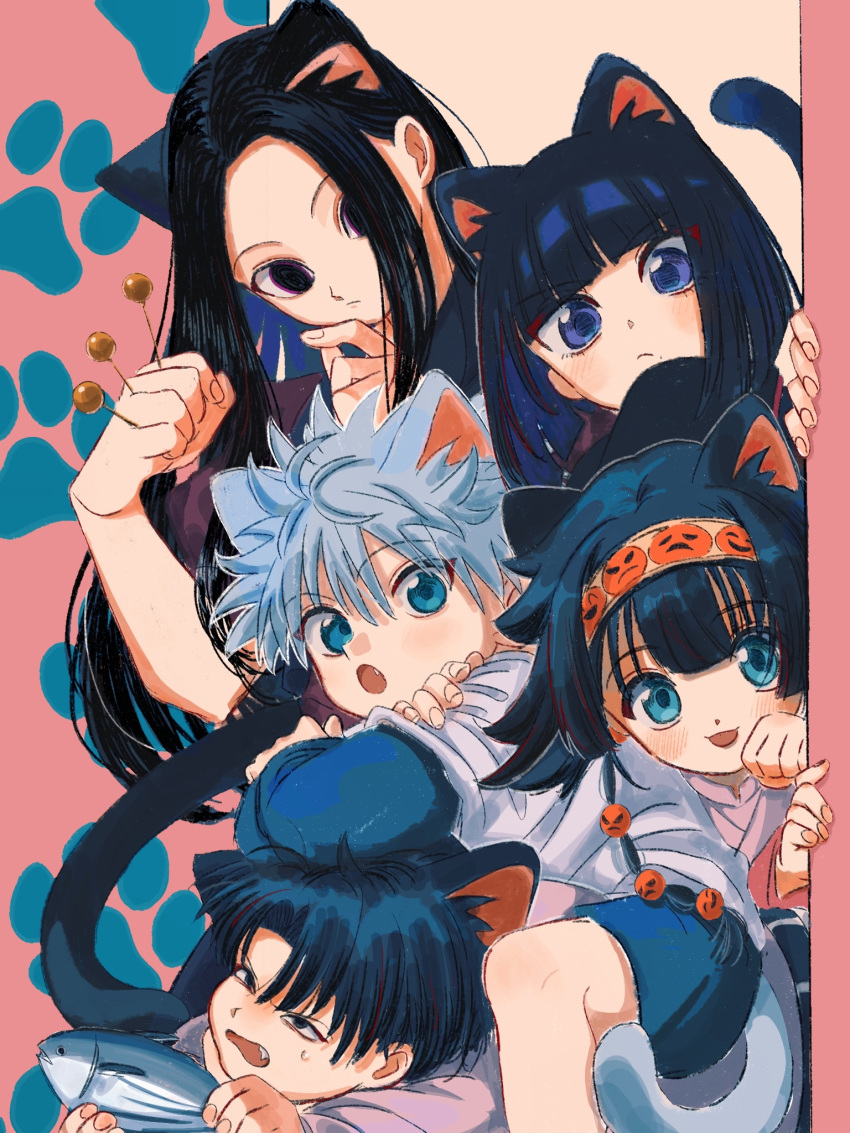 1girl, 4boys, :d, :o, alluka_zoldyck, androgynous, animal, animal_ears