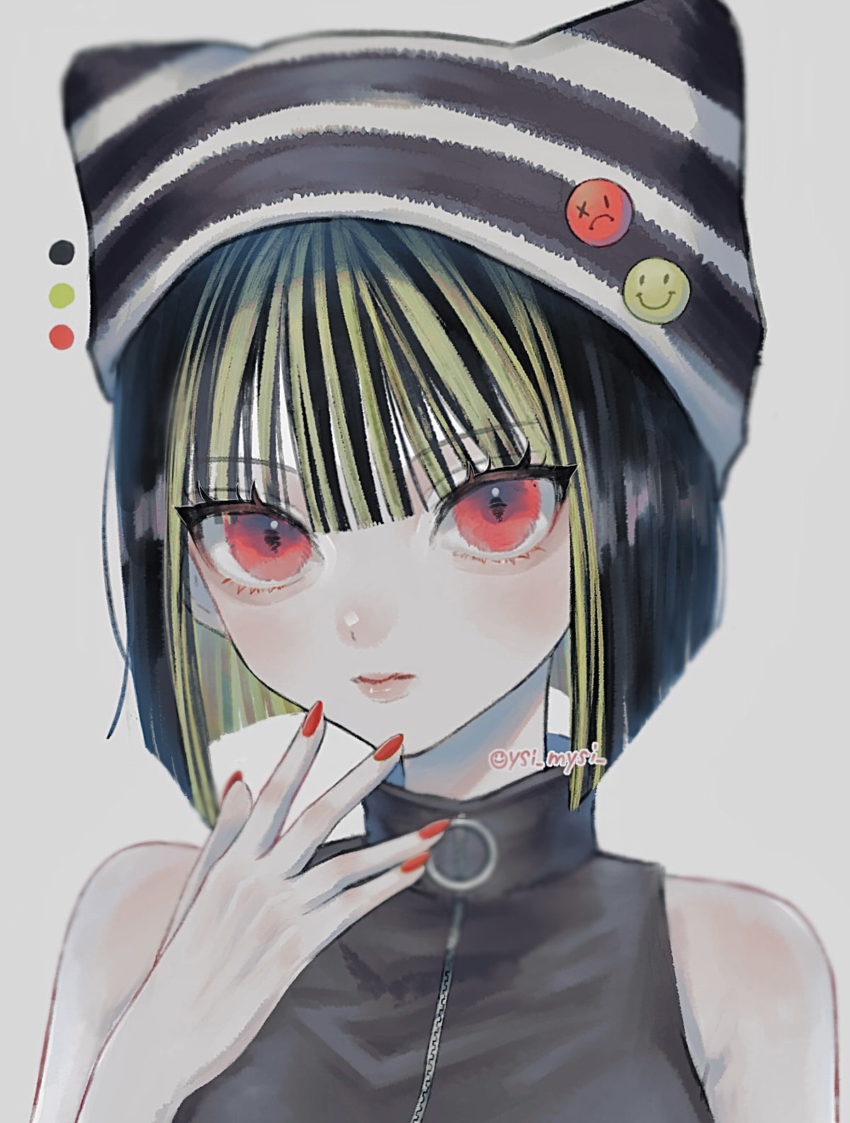 1girl, badge, bare_shoulders, beanie, black_hair, black_headwear, black_shirt, blonde_hair