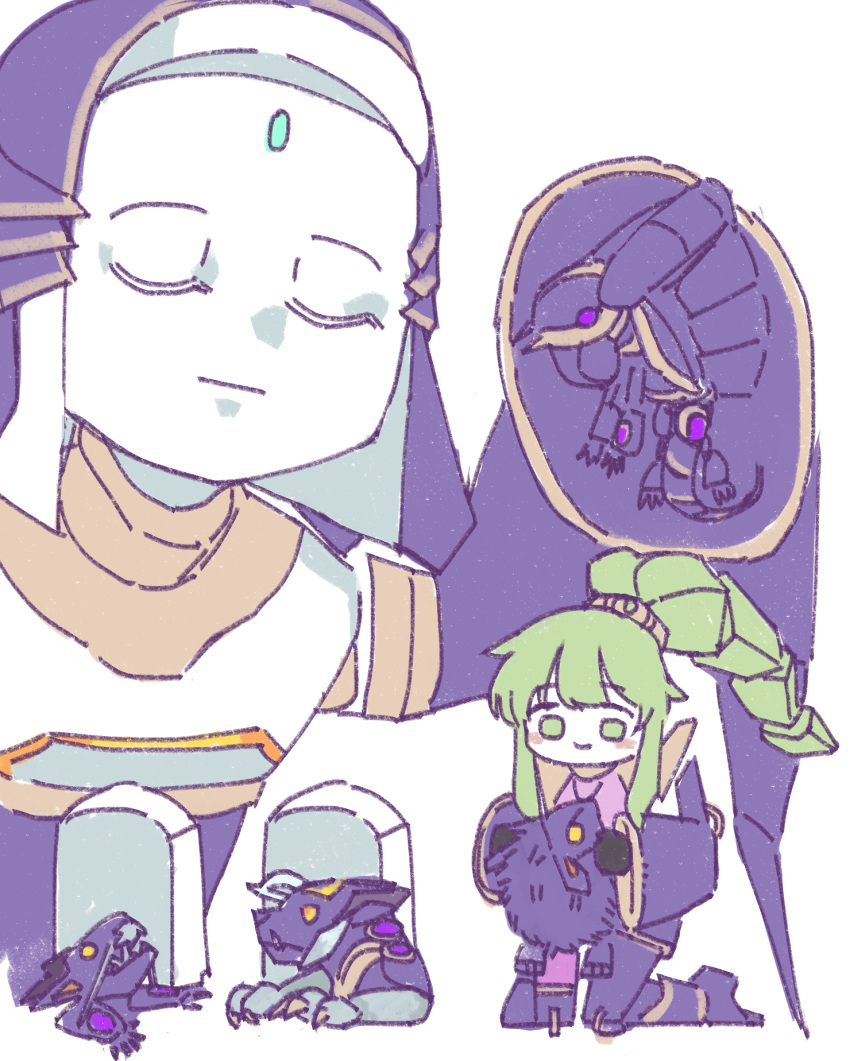 2girls, animal, chibi, closed_eyes, colored_skin, doll_joints, duel_monster, el_shaddoll_construct, el_shaddoll_winda, forehead_jewel, giant, giantess, green_eyes, green_hair, hedgehog, highres, ho_(user_nkwz8444), holding, holding_animal, joints, kneeling, multiple_girls, ponytail, shaddoll_beast, shaddoll_dragon, shaddoll_hedgehog, shaddoll_squamata, tombstone, white_skin, wide_sleeves, winda_(yu-gi-oh!), yellow_eyes, yu-gi-oh!