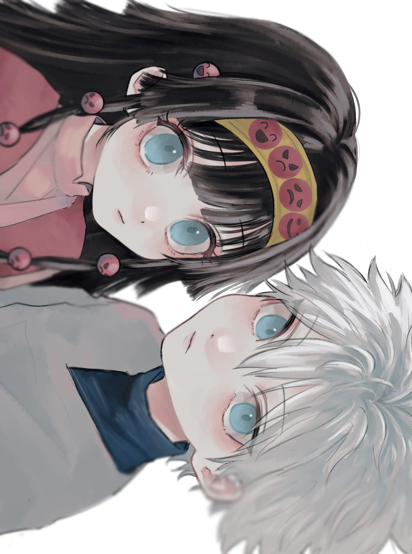 1boy, 1girl, alluka_zoldyck, black_hair, blunt_bangs, brothers, child, closed_mouth