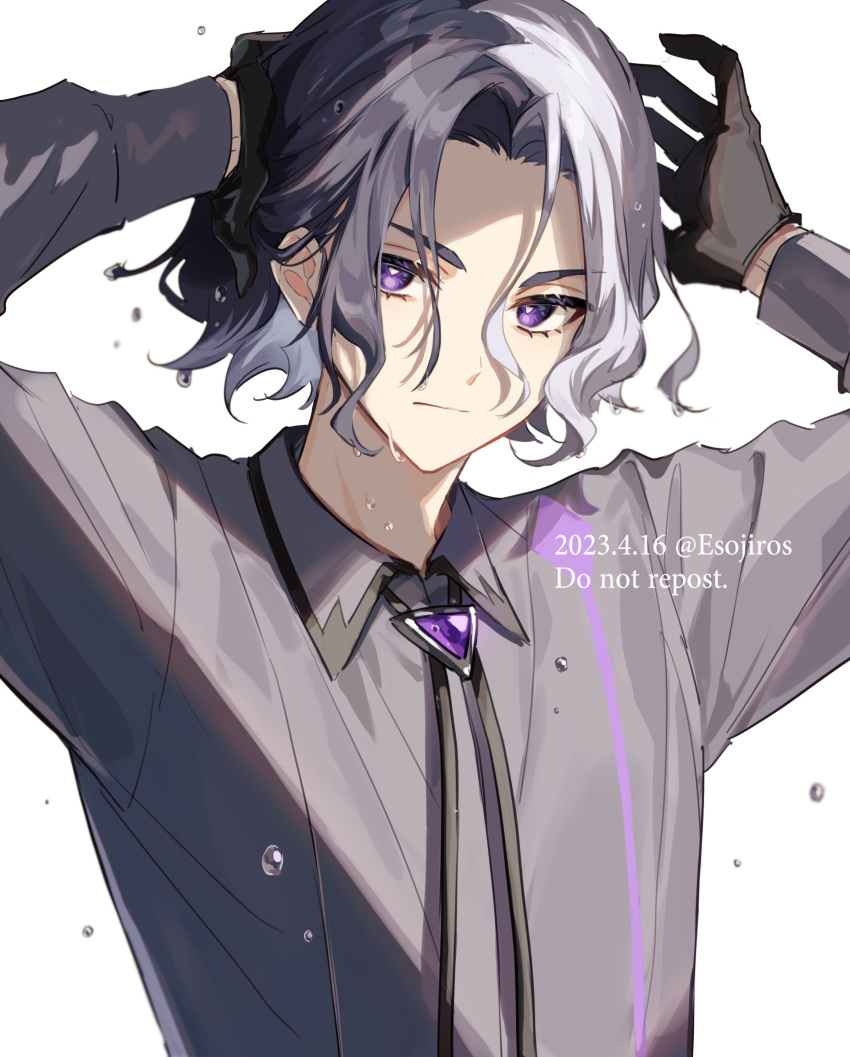 1boy, absurdres, amaichi_esora, amethio_(pokemon), arms_up, artist_name, black_gloves, black_hair, black_ribbon, brooch, closed_mouth, collared_shirt, commentary_request, dated, expressionless, eyelashes, gem, gloves, grey_shirt, highres, jewelry, long_sleeves, looking_at_viewer, male_focus, multicolored_hair, neck_ribbon, parted_bangs, pokemon, pokemon_(anime), pokemon_horizons, purple_gemstone, ribbon, shirt, short_hair, sidelocks, simple_background, solo, split-color_hair, twitter_username, two-tone_hair, upper_body, violet_eyes, water, water_drop, watermark, white_background, white_hair, wing_collar