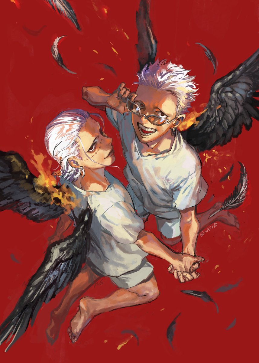 2boys, aged_down, barefoot, black_wings, crocodile_(one_piece), donquixote_doflamingo, earrings, feathers, fire, from_above, hair_slicked_back, highres, holding_hands, jewelry, kneeling, looking_at_viewer, multiple_boys, nisir0, one_piece, open_mouth, red_background, removing_eyewear, scar, scar_on_face, seraphim_(one_piece), shirt, short_hair, short_sleeves, shorts, smile, teeth, white_shirt, wings