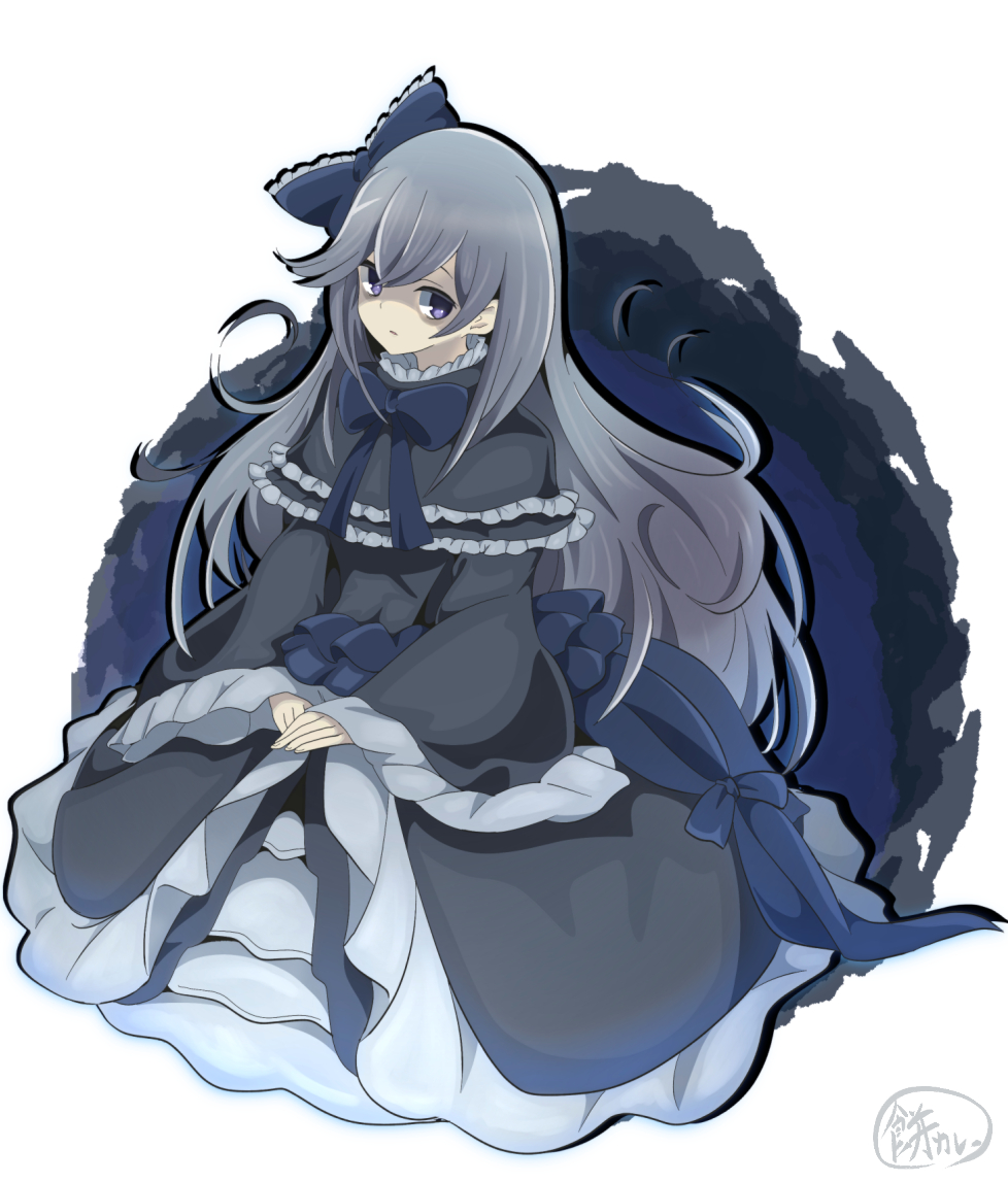1girl, black_bow, black_dress, black_eyes, bow, dress, duel_monster, frilled_bow