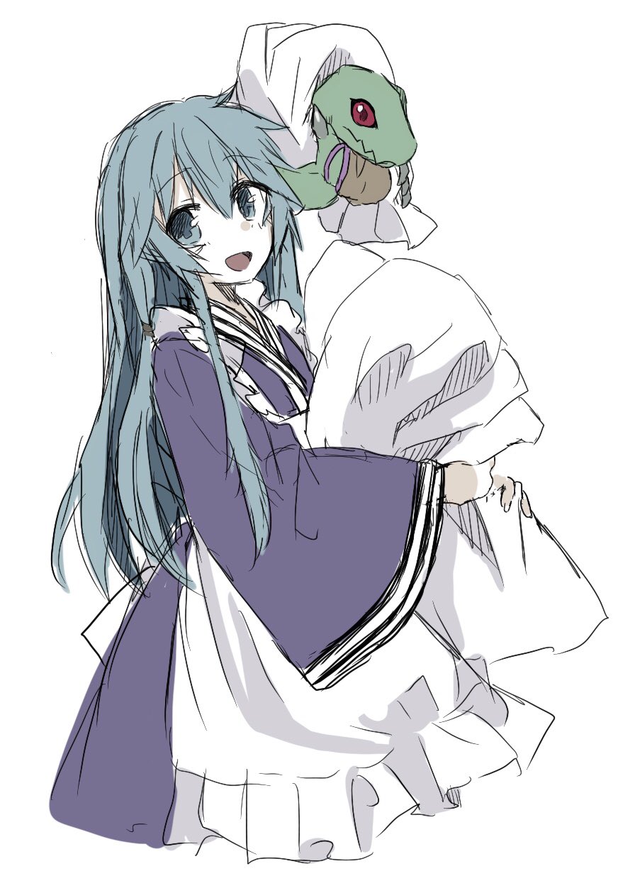 1girl, apron, bed_sheet, blue_eyes, blue_hair, colored_sclera, colored_skin, cosplay