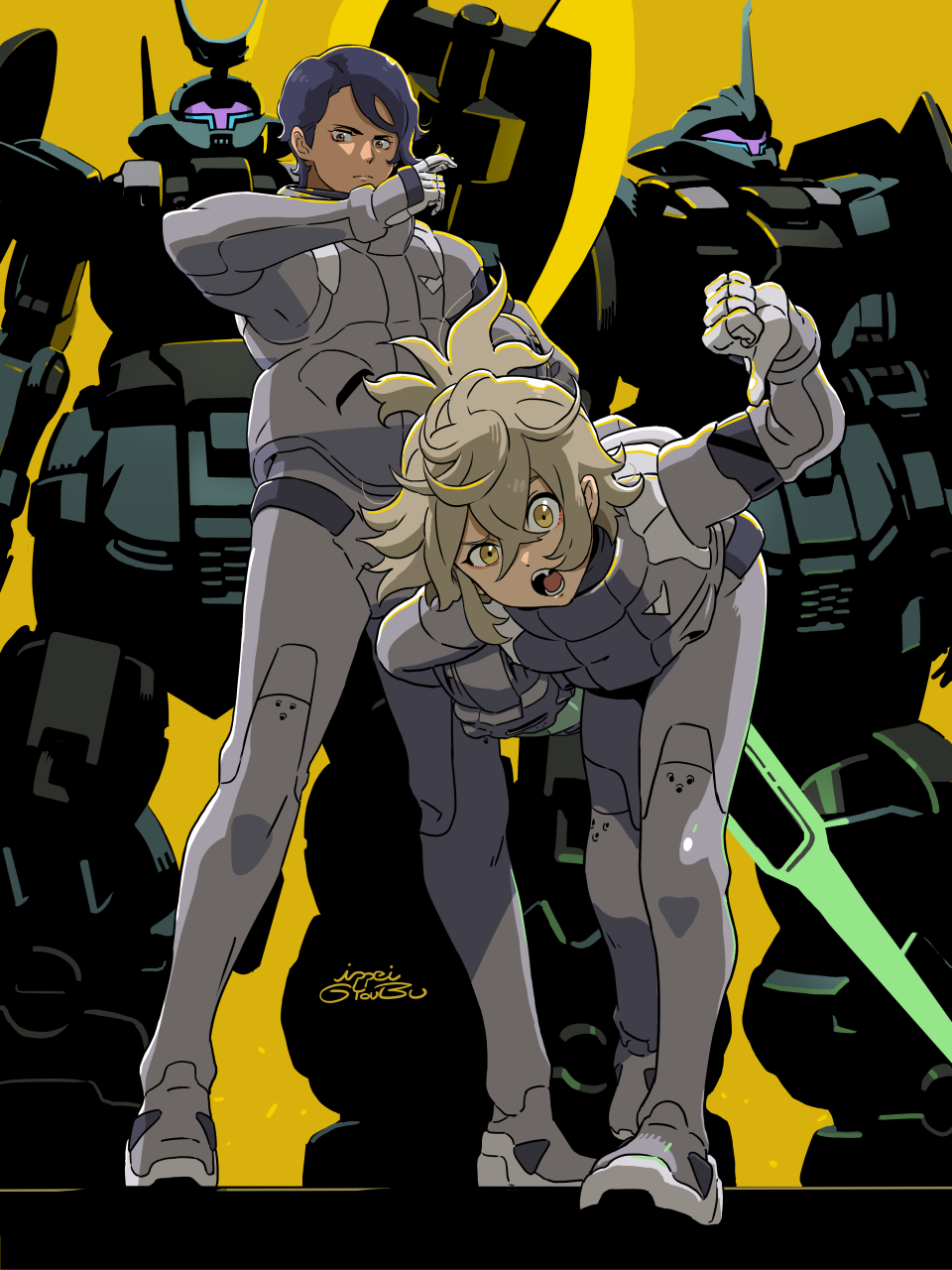 1boy, 1girl, axe, blue_hair, brown_hair, dilanza, dilanza_lauda_custom, energy_weapon