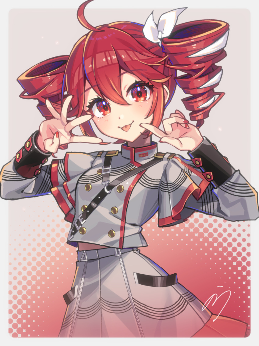 1girl, :p, ahoge, blue_hair, breasts, closed_mouth, commentary_request, drill_hair