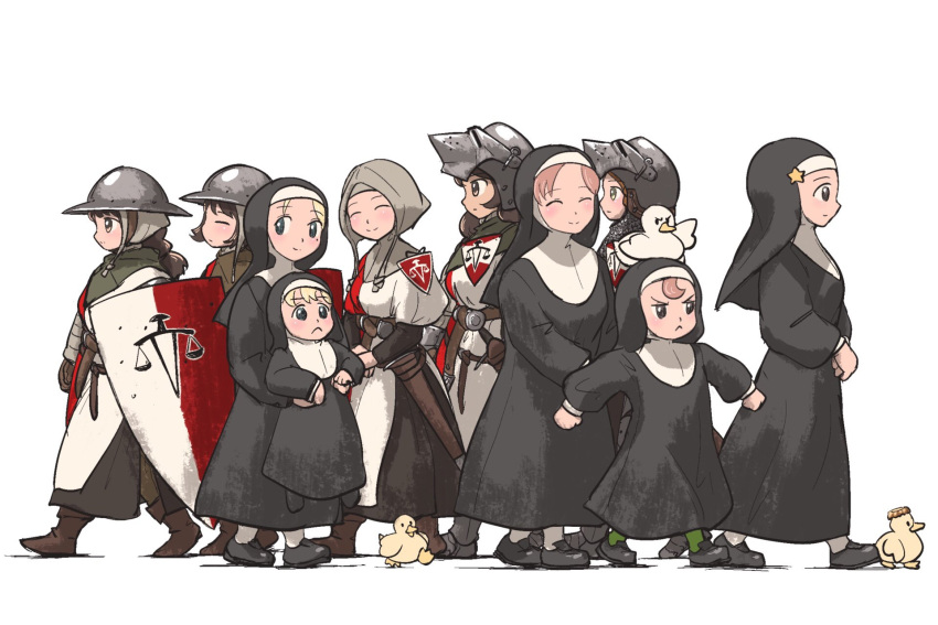 6+girls, animal_on_head, armor, bird, bird_on_head, black_footwear, blonde_hair, blue_eyes