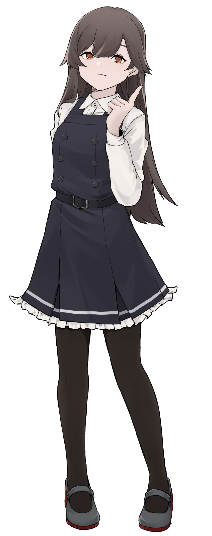 1girl, absurdres, arashio_(kancolle), arashio_kai_ni_(kancolle), brown_eyes, brown_hair, daigaku_jitome, dress, frilled_dress, frills, full_body, highres, kantai_collection, long_hair, long_sleeves, pantyhose, pinafore_dress, school_uniform, shirt, simple_background, sleeveless, sleeveless_dress, smile, white_background, white_shirt