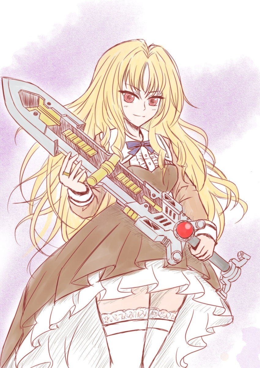 1girl, assault_lily, blonde_hair, blue_ribbon, breasts, brown_dress, brown_jacket, buttons, center_frills, closed_mouth, commentary_request, cowboy_shot, cropped_jacket, dress, frilled_dress, frilled_shirt, frills, gradient_background, hair_between_eyes, hand_up, high-low_skirt, highres, holding, holding_sword, holding_weapon, ht_smile, jacket, jewelry, light_blush, long_hair, long_sleeves, looking_at_viewer, medium_breasts, moroi_saho, neck_ribbon, purple_background, red_eyes, ribbon, ring, school_uniform, shirt, sidelocks, solo, standing, sword, thigh-highs, v-shaped_eyebrows, very_long_hair, wavy_hair, weapon, white_background, white_shirt, white_thighhighs, yajiuma_no_jesse