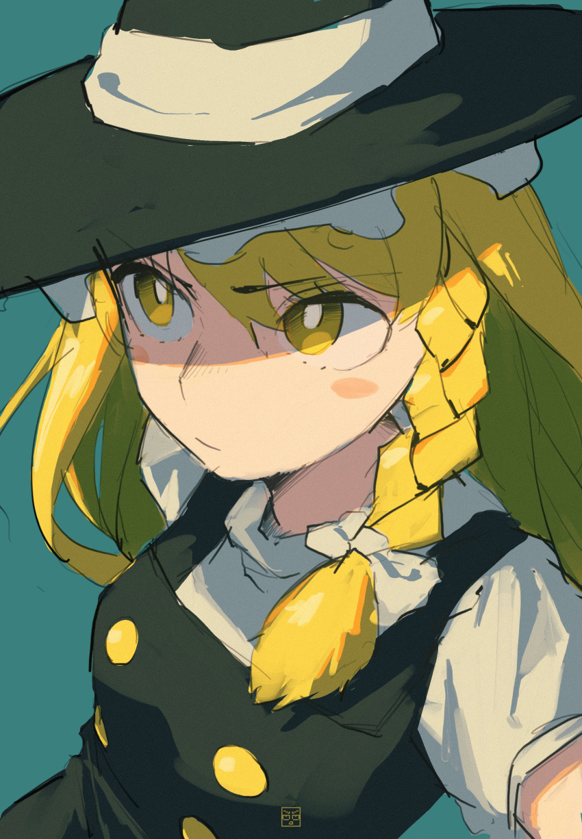 1girl, absurdres, black_vest, blast-7, blonde_hair, blue_background, blush_stickers, braid