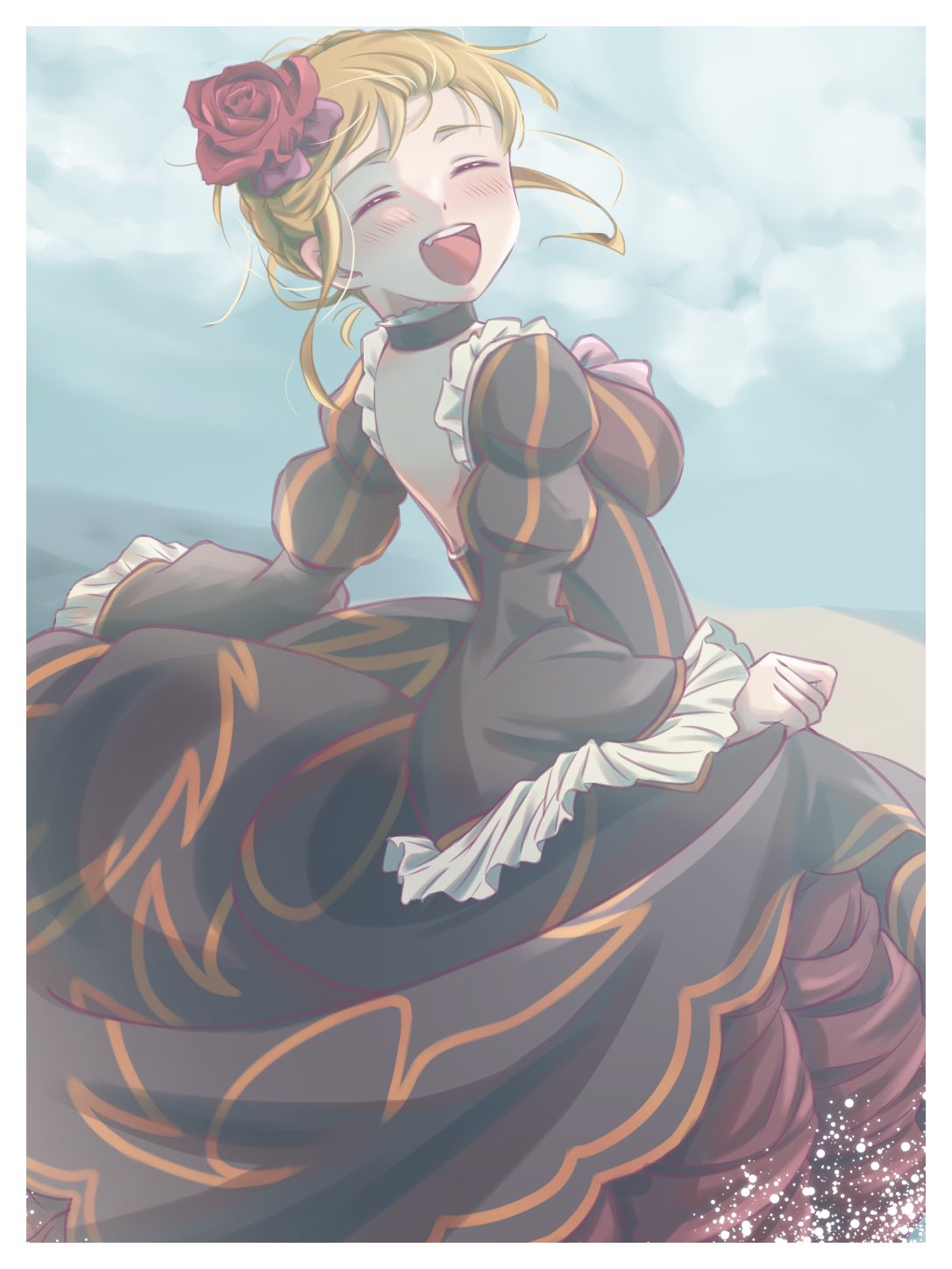07rakugan, 1girl, ^_^, beach, beatrice_(umineko), black_dress, blonde_hair, blue_sky, choker, closed_eyes, clouds, dress, flower, hair_bun, hair_flower, hair_ornament, highres, looking_back, open_mouth, red_flower, red_rose, rose, single_hair_bun, skirt_hold, sky, smile, umineko_no_naku_koro_ni